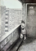 A4 Print of a drawing interpretation depicting a girl standing on a balcony looking out over Ballymun flats.