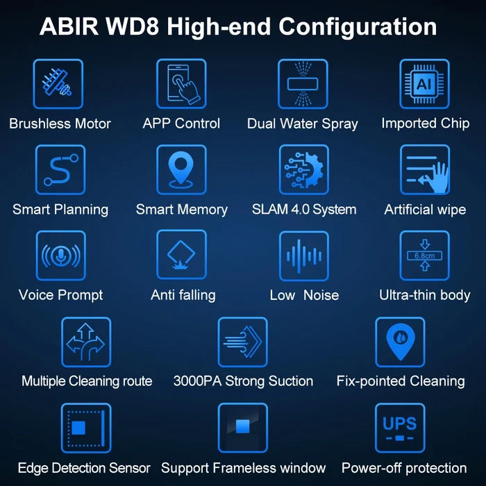 ABIR WD8 robot window cleaner from ShopHub NZ shown in action, cleaning glass surface with sleek design and compact build.