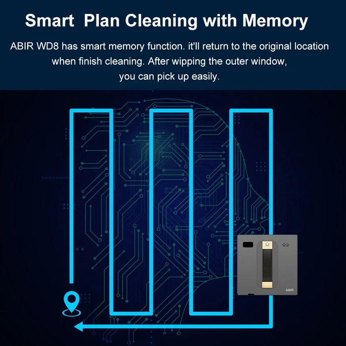 ABIR WD8 Robot Window Cleaner from ShopHub NZ demonstrating its sleek design and cleaning pads on a large glass window.