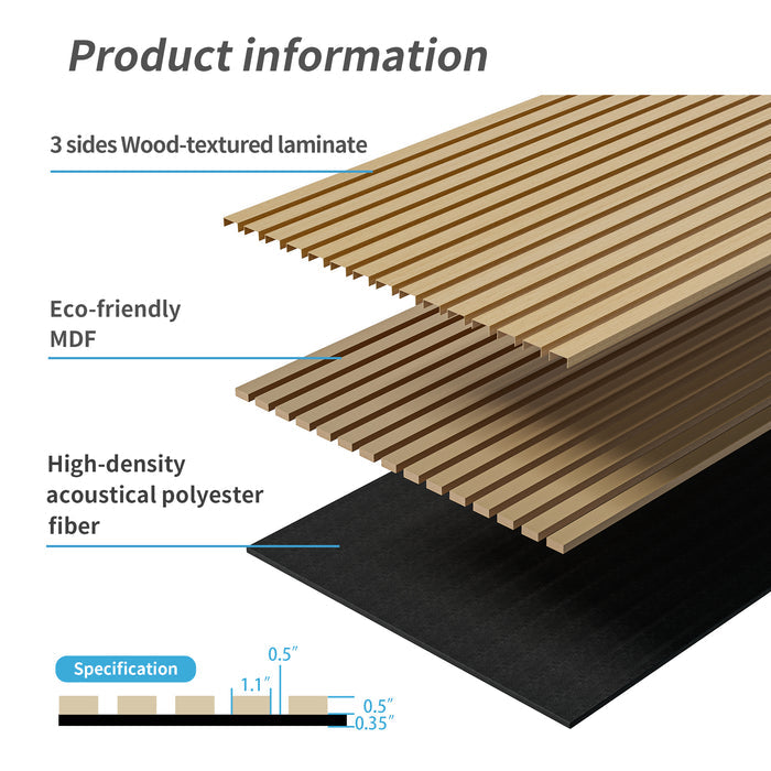 Acoustic Wood Slat Wall Panels, 2-Pack 3D Fluted Sound-Absorbing Panels, White Oak