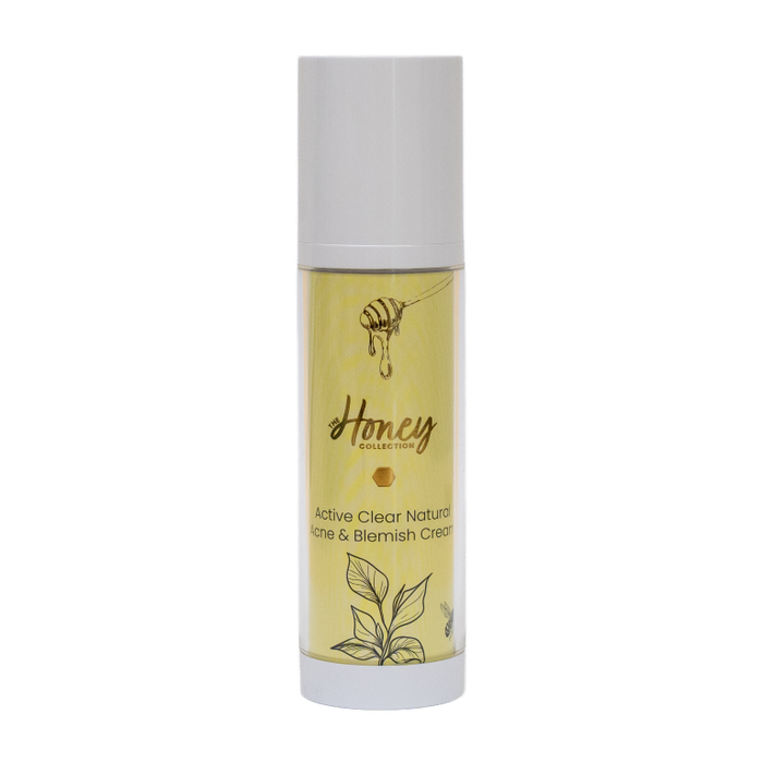 Active Clear Natural Acne and Blemish Cream by The Honey Collection in a tube, designed to target blemishes and clear skin.