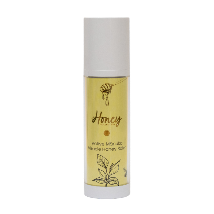 Active Manuka Miracle Honey Salve remedial cream from The Honey Collection, featuring a jar of honey-based healing ointment.