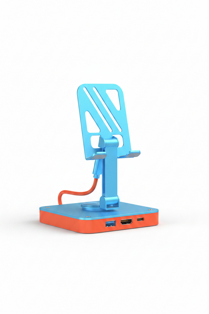 TechPlus adjustable 3-in-1 Nintendo Switch stand with USB-C hub, 4K HDMI, and 100W PD charging port on mobile phone stand.