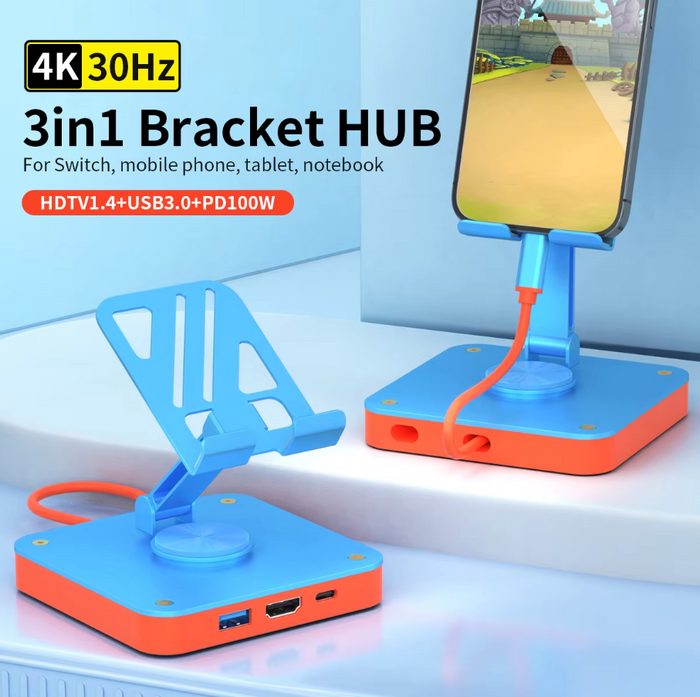 techplus adjustable 3-in-1 Nintendo Switch stand with USB-C hub, 4K HDMI port, and 100W PD charging for mobile devices
