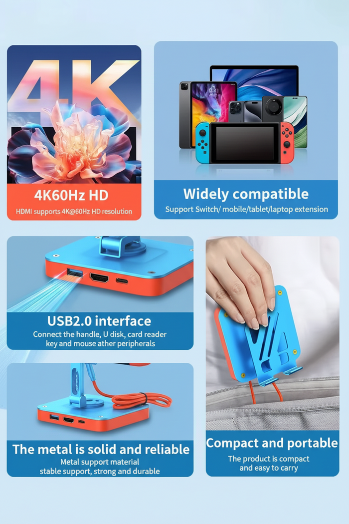 Techplus adjustable 3-in-1 Nintendo Switch stand with USB-C hub, 4K HDMI, and 100W PD charging port for mobile devices.