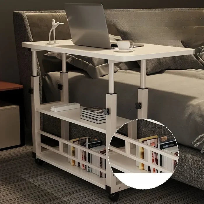 Habicare adjustable folding desk with storage shelf and wheels, compact and versatile workspace for home or office use.