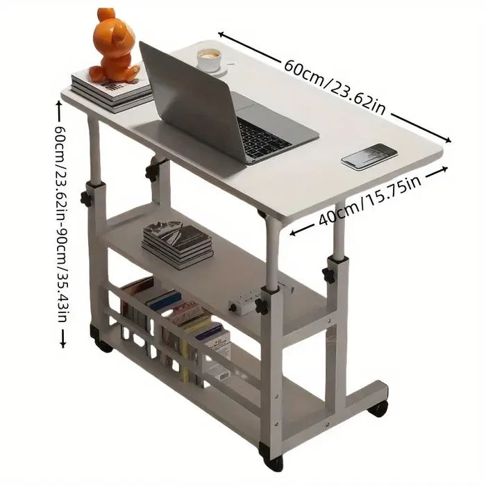 Habicare adjustable folding desk with storage shelf and wheels, featuring a compact design and sturdy frame for versatile use.