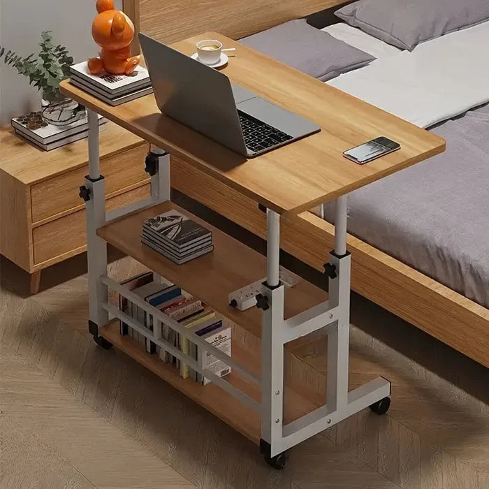 Yellow Habicare adjustable folding desk with storage shelf and wheels, featuring a compact, versatile design for workspace convenience.