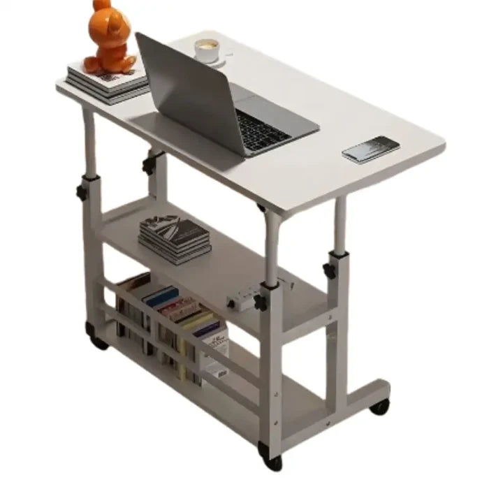 White adjustable folding desk with storage shelf and wheels, designed by Habicare for versatile workspace use.