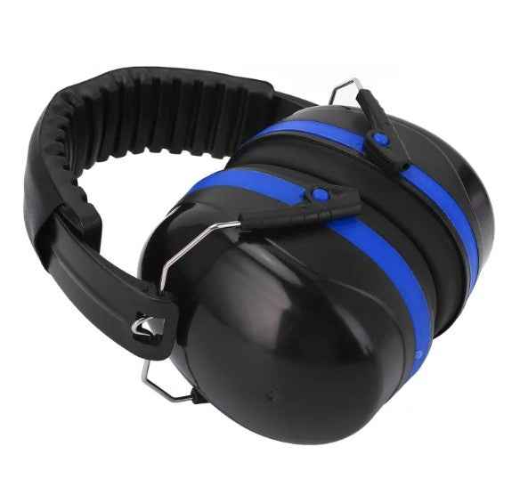 Adjustable industrial earmuffs from Mead's Supply & Equipment Outfitters, featuring padded ear cups and headband for noise protection.