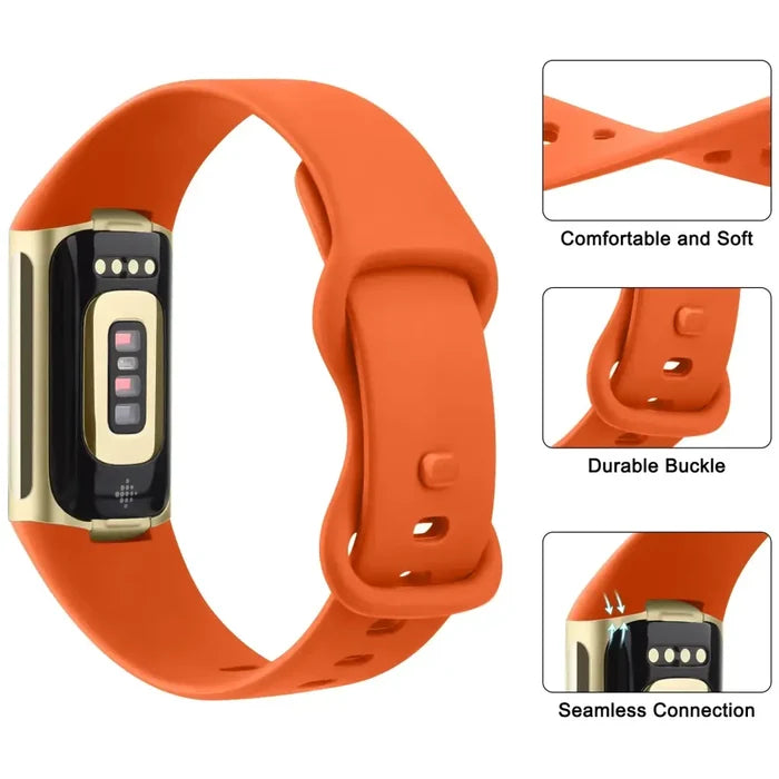 Habicare adjustable TWS strap for Fitbit Charge 5/6, available in 19 colors and 2 sizes, shown on a smartwatch.
