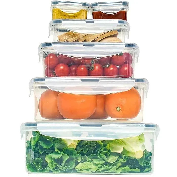 Set of four airtight food storage containers with lids, ideal for kitchen organization and keeping food fresh.