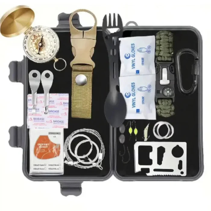 Habicare All-in-One Survival Kit with tactical tools for hiking and emergency situations, compact and portable.