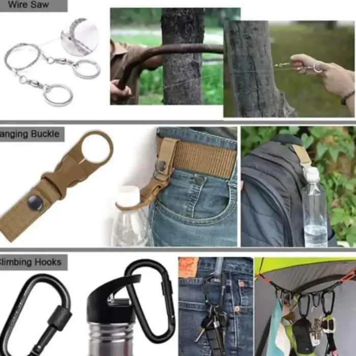Habicare All-in-One Survival Kit with tactical tools for hiking and emergencies, compact and versatile outdoor survival gear.