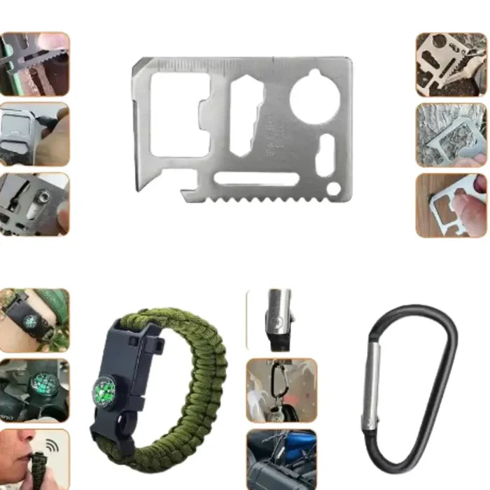 Habicare SS all-in-one survival kit with tactical tools for hiking and emergency situations, including knives, fire starters, and multi-tools.