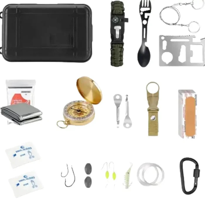 Habicare All-in-One Survival Kit with tactical tools for hiking and emergencies, including knives, flashlights, and first aid supplies.
