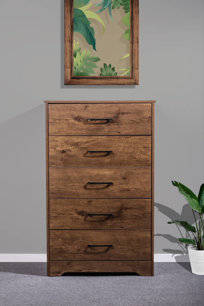 Althea Walnut tall boy with five drawers from sue-e furniture, showcasing a modern wooden storage unit with sleek design.