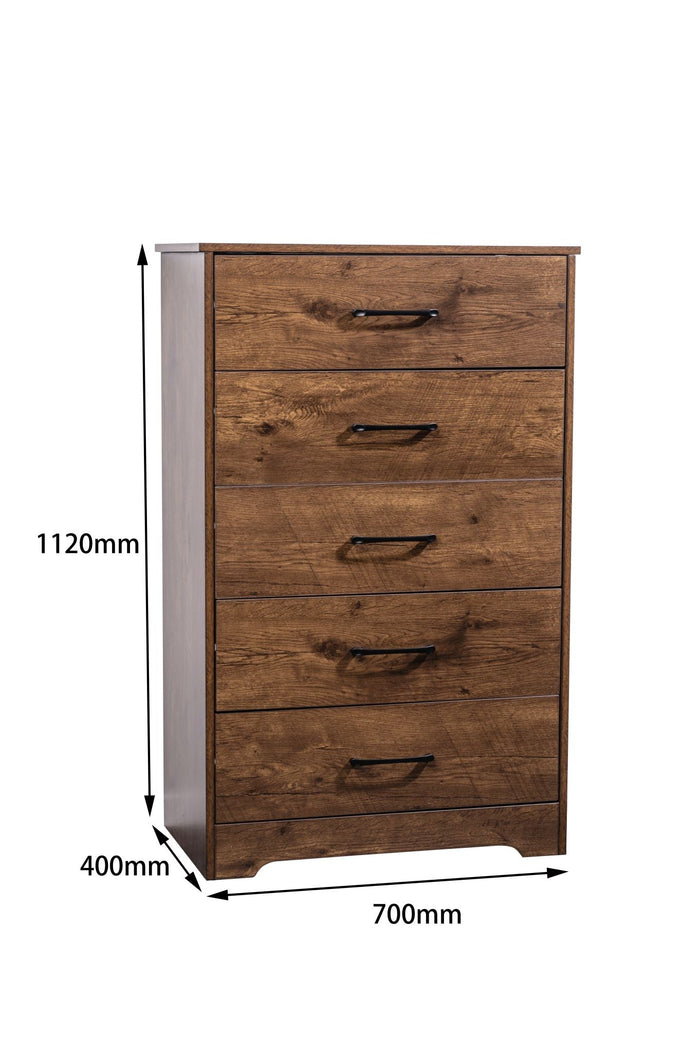 Tall boy dresser in Walnut color with five drawers from sue-e furniture's Althea collection, standing against a neutral background.
