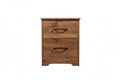 Walnut-colored Althea bedside table by sue-e furniture with a modern design and clean lines, placed beside a bed in a cozy bedroom.