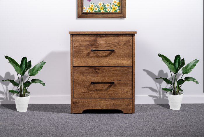 Walnut-colored 'Althea' bedside table by sue-e furniture with a modern design, featuring a drawer and open storage compartment.