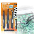 Set of three anti-static carbon fiber watch tools tweezers for precise handling and repairs in watchmaking.