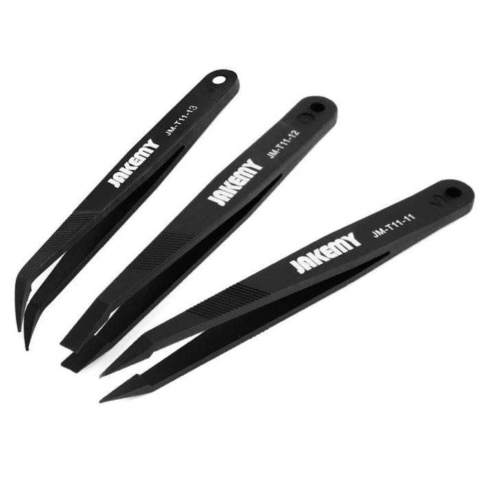 Set of three anti-static carbon fiber watch repair tweezers from That Watch Shop, ideal for delicate watch component handling.
