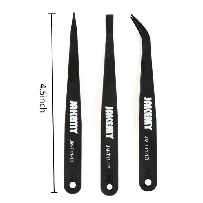 Set of three anti-static carbon fiber watch tools tweezers, ideal for delicate watch repair and handling small components.