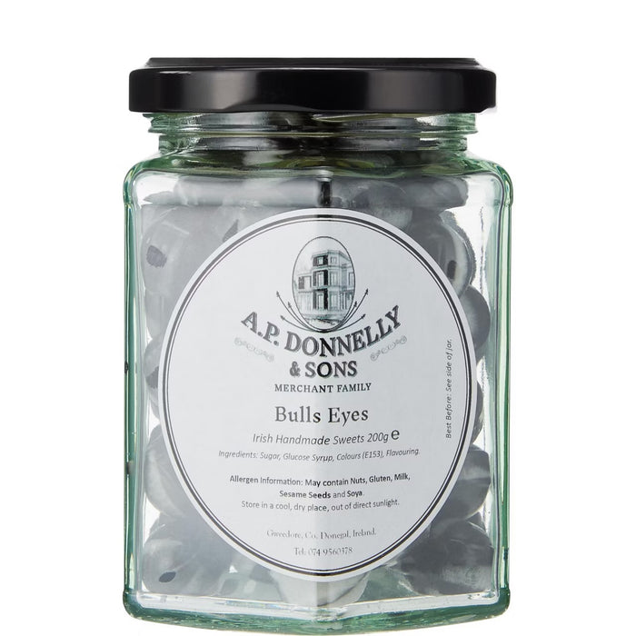Jar of A.P. Donnelly & Sons Bulls Eyes Irish Handmade Sweets on a white background