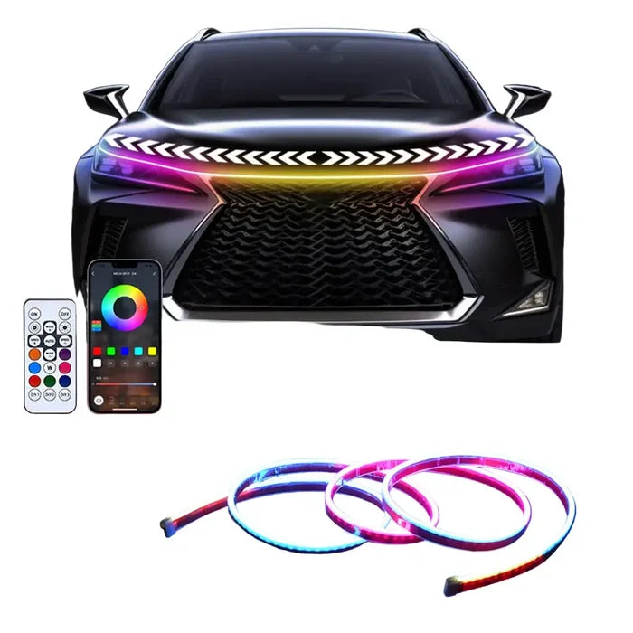 Habicare APP-controlled LED car hood light strip in 12V installed under the hood, showcasing adjustable lighting for vehicles.