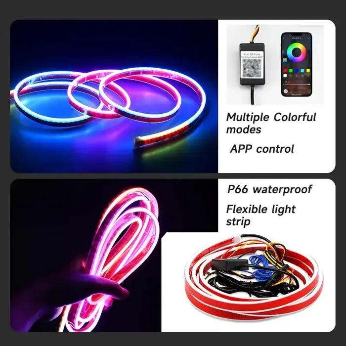 Habicare APP-controlled LED car hood light strip, 12V HBC model, showing flexible illuminated strip on vehicle engine bay.
