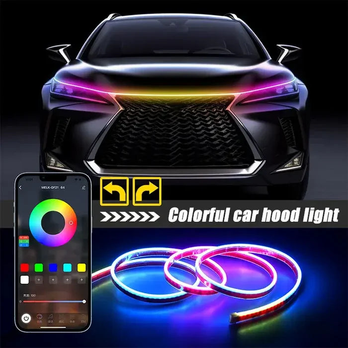 Habicare APP-controlled LED car hood light strip, 12V HBC model, installed under the hood for custom illumination.