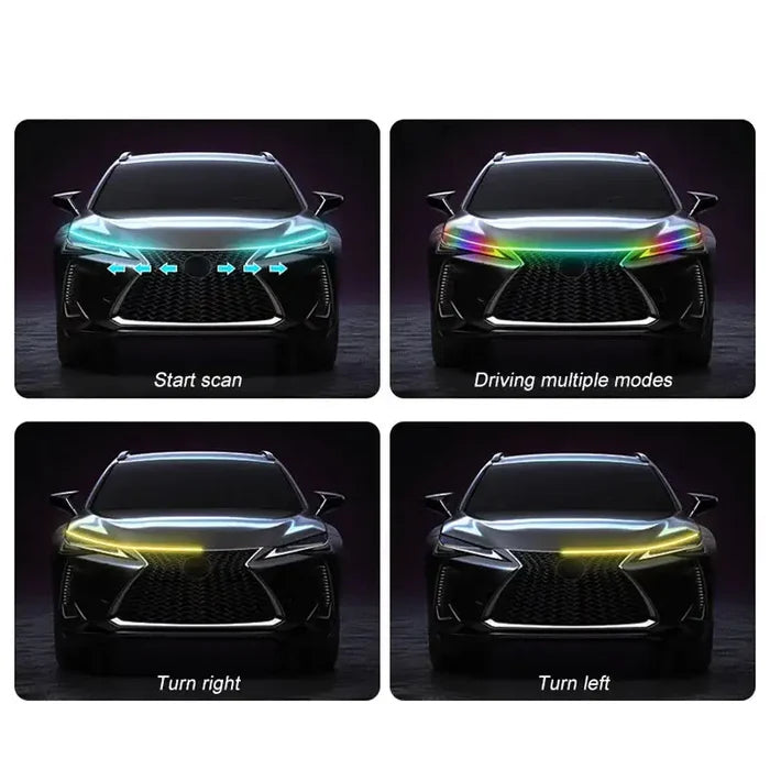 Habicare APP-controlled LED car hood light strip, 12V HBC model, installed on car hood for customizable lighting effects