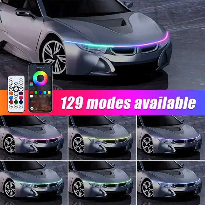 Habicare APP-controlled LED car hood light strip in HBC style, 12V, installed under the car hood for custom lighting.