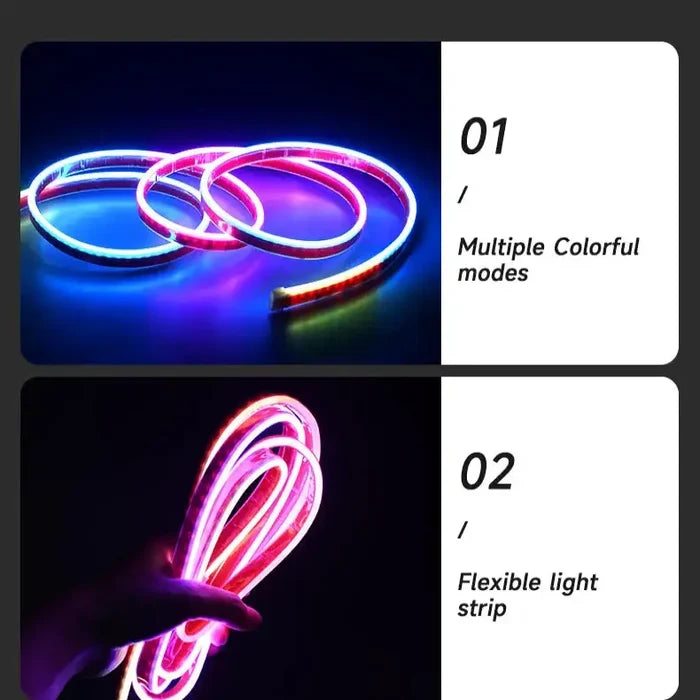 Habicare HBC 12V app-controlled LED car hood light strip installed under the hood for customizable lighting.