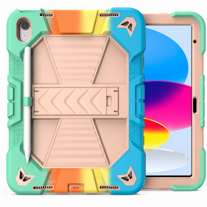 Techplus Apple iPad Air 11-inch M2 rugged shockproof case with rainbow design, featuring a kickstand for tablet protection and support.