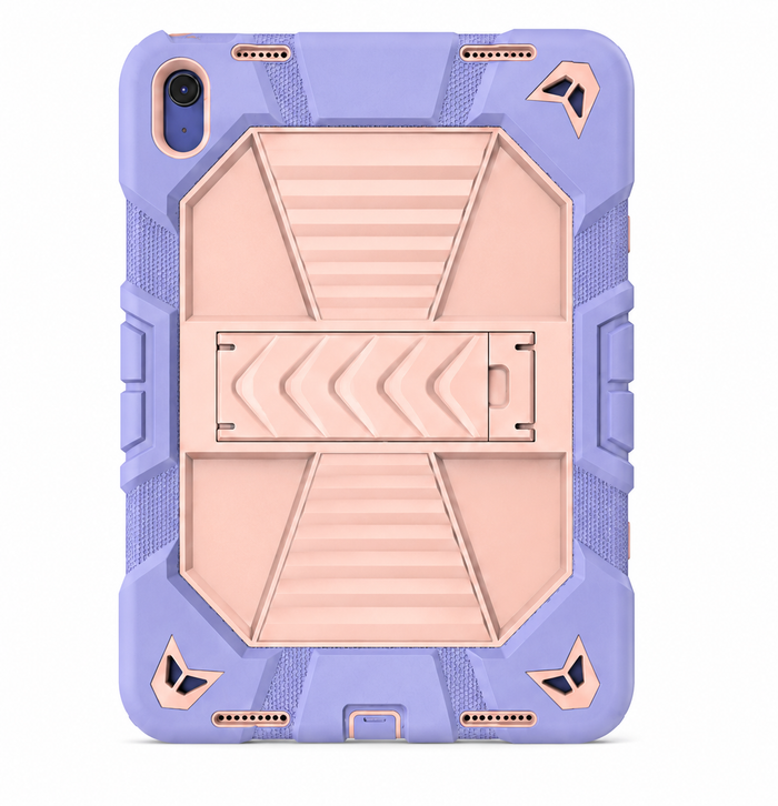 Pink TechPlus rugged shockproof case with kickstand on an Apple iPad Air 11-inch (M3) 2025 tablet, showing protective design and stand feature.