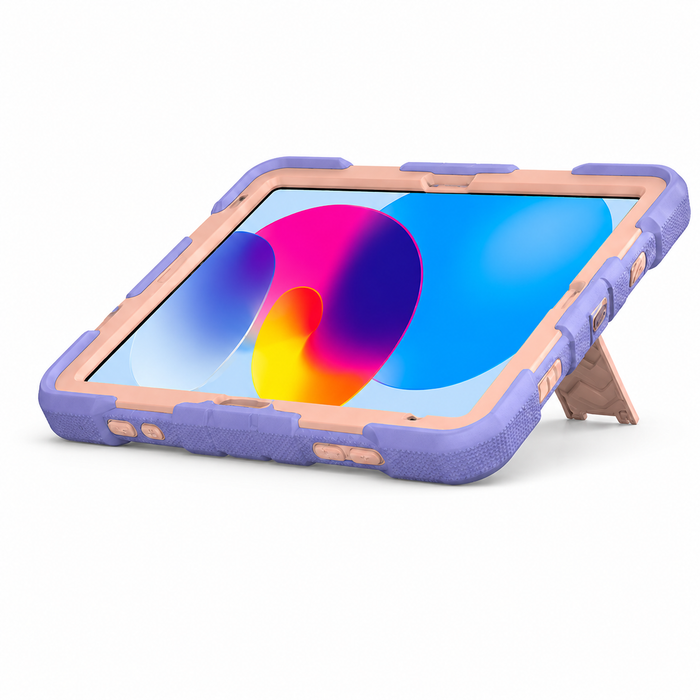 Pink TechPlus rugged shockproof case with kickstand for Apple iPad Air 11-inch (M3) 2025, showing the textured exterior and built-in stand.