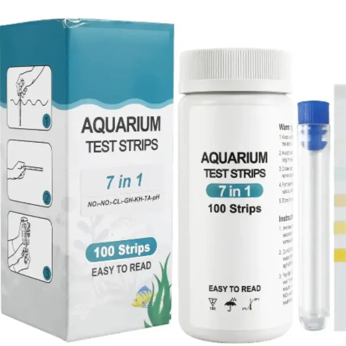 Habicare Aquarium Test Strips for 7 parameters, 100-pack, used to test water quality in fish tanks and aquariums.