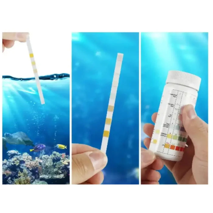 Habicare Aquarium Test Strips with 7 parameters for water quality testing, shown in a close-up image of the strips.