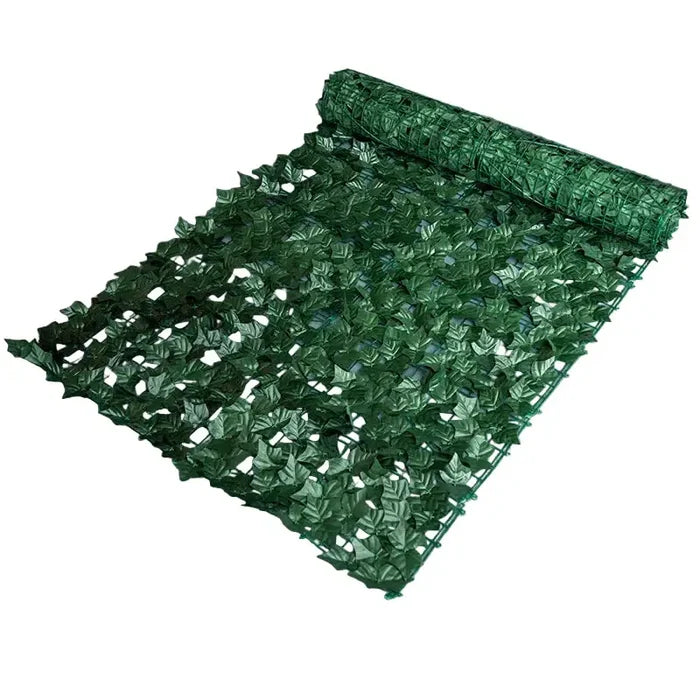Dark green artificial leaf fence privacy panel by Habicare, 1m or 3m length, 50cm width, made of stainless steel.