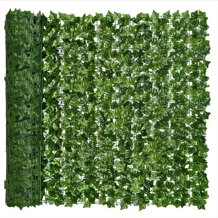Artificial green leaf fence privacy panels by Habicare, stainless steel frame with lush leaf design, available in 1m and 3m lengths.