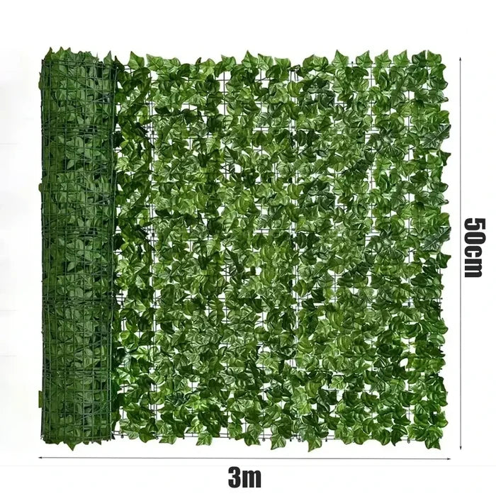 Artificial green leaf fence privacy panels by Habicare, 1m or 3m SS size, showing lush, realistic faux foliage for privacy screening.