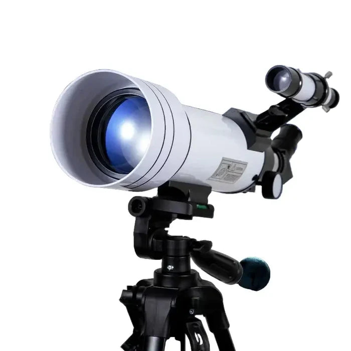 Habicare SS astronomical telescope with tripod and phone adapter, showing the telescope mounted on a sturdy tripod.