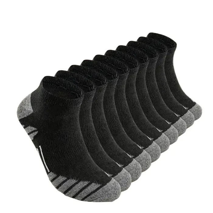 Unisex athletic ankle socks by Habicare with cushioned cotton, available in 1, 10, or 20 pairs, shown in various colors.