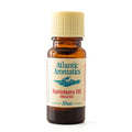 A 10ml amber glass bottle of Atlantic Aromatics Ravintsara Oil Organic, featuring a cream-colored label with blue and red text and a ribbed beige cap, set against a plain white background.