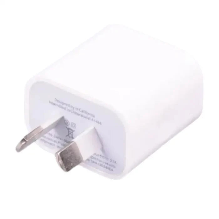 Habicare 9eight5 AU plug dual USB charger with 5V 2A power output, shown plugged into an electrical socket with two USB ports