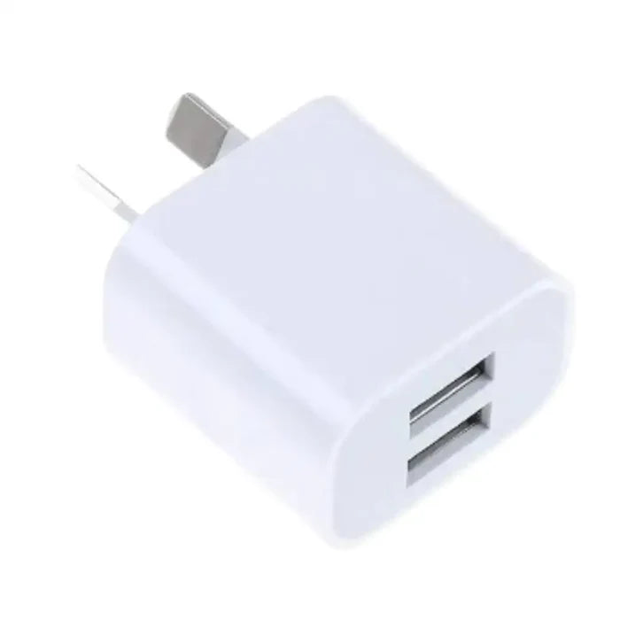 Habicare 9eight5 AU plug 5V 2A dual USB charger with two USB ports for charging devices.