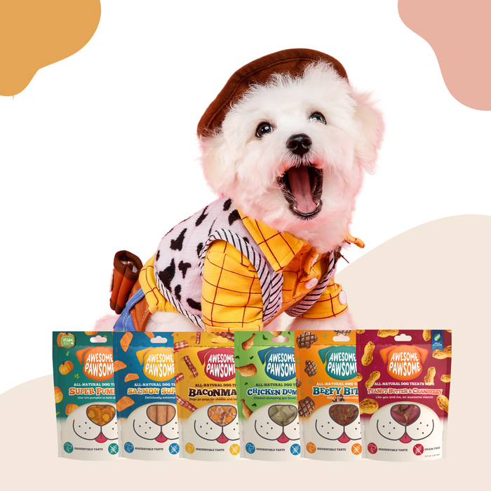 Kooky Kibble NZ Awesome Pawsome grain-free dog treats in a colorful bag, showing crunchy, healthy treats for dogs.