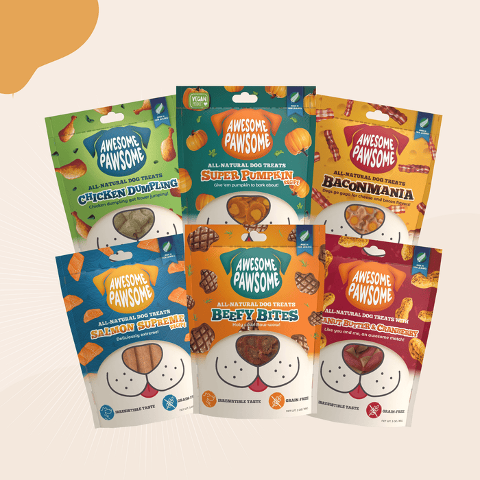 Kooky Kibble NZ Awesome Pawsome grain-free dog treats in a colorful package, showing crunchy treats for dogs.