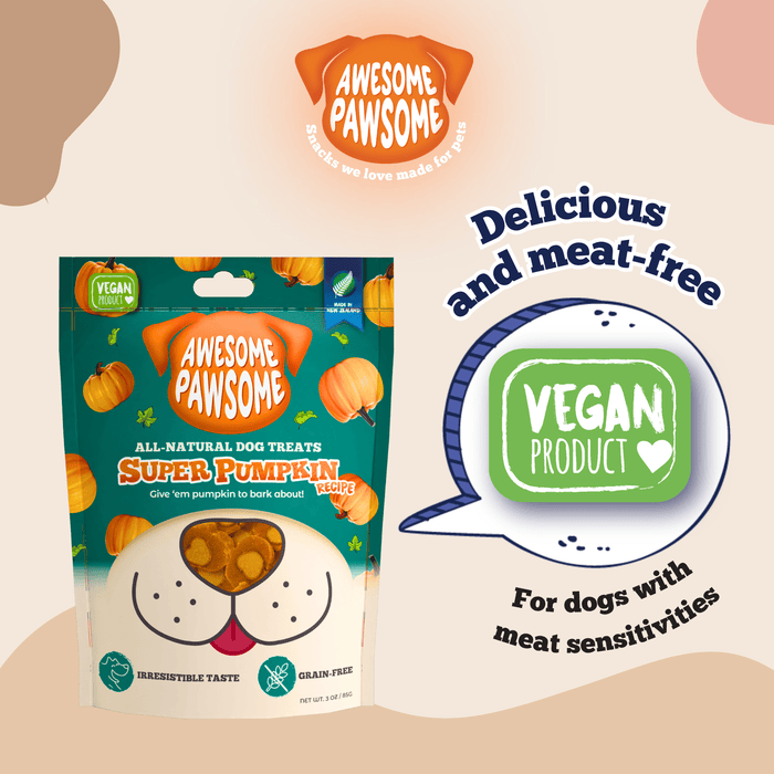 Kooky Kibble NZ Awesome Pawsome Grain-Free Dog Treats in a colorful bag, featuring images of dog treats and a happy dog.